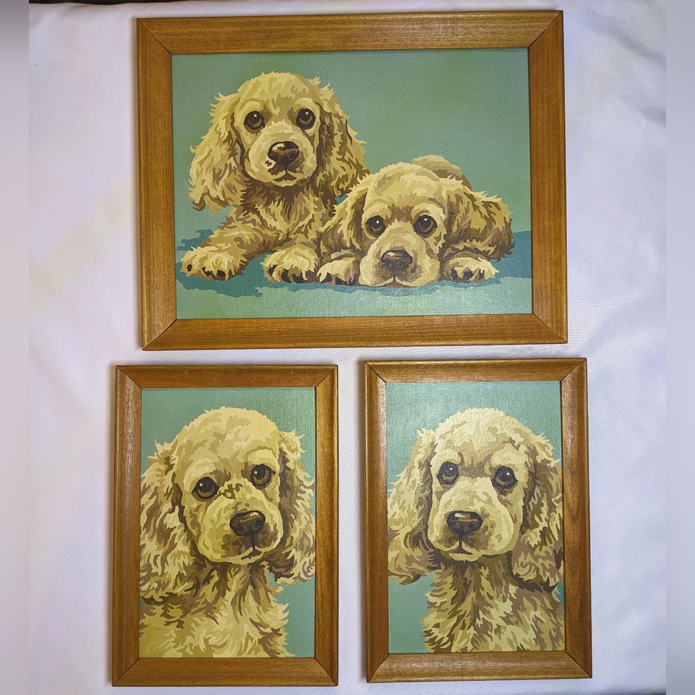 Vintage Paint By Number Cocker Spaniel Puppies, Set Of 3, Framed, Circa 1973